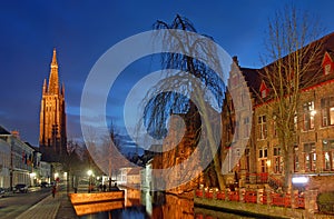 The Dijver Canal with the Church of Our Lady in Brugge, Belgium