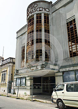 Dilapidated Art Deco facade of the Rosa Damasceno Theater, Santarem, Portugal