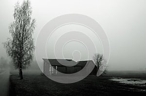 Dilapidated barn in fog