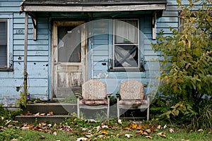 A dilapidated blue house with boarded windows and two old chairs out front, symbolizing neglect and abandonment. Concept photo