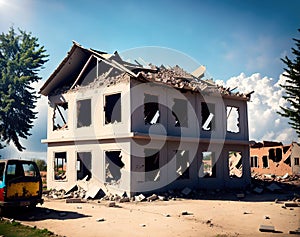 A dilapidated building with rubble and debris scattered around it.