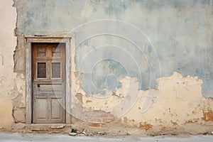 Dilapidated building wall and wooden door. Facade of a house with damaged plaster