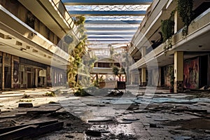 Dilapidated, Deserted Shopping Mall With Boardedup Storefronts And Shattered Glass. Generative AI photo