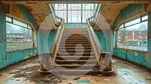 Dilapidated Grand Staircase in Abandoned Building