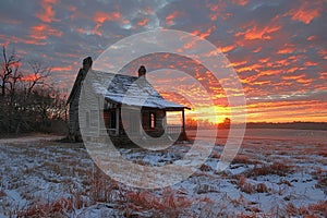 Dilapidated Homestead Fading into a Rural Sunset The wood blurs with the horizon