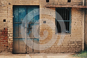 a dilapidated house with blue doors and brick sidings is seen