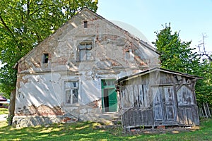 Dilapidated house of German construction. Novostroevo village, Kaliningrad region