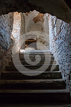 Dilapidated steps in an ancient stone building