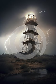 A dilapidated tower in a stormy landscape, illuminated by lightning strikes, exuding an eerie and ominous atmosphere