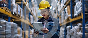 A Diligent Asian Worker Using A Tablet And Pen For Warehouse Stocktaking