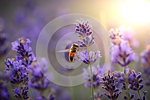Diligent bee harvest the pollen from purple lavender flower for making honey at summer. Close-up macro