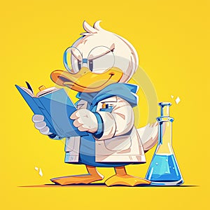 A diligent duck scientist cartoon style
