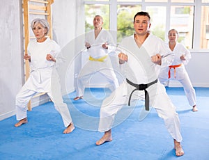 Diligent elderly women and men attendee of karate classes practicing kata standing in row with others in sports gym