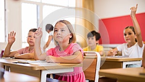 Diligent preteen schoolgirl raising hand to answer at lesson