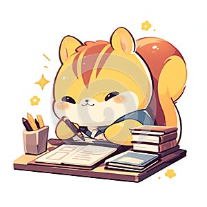 A diligent squirrel writer cartoon style