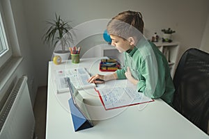 Diligent tenn student studying at home during online course