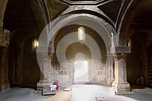 Dilijan, Armenia-May, 02 2019: interior room Surb Astvatsatsin, Ancient Armenian monastery Haghartsin