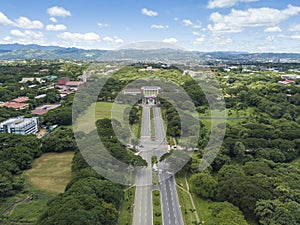 Diliman, Quezon City, Philippines - Aerial of University Avenue, ending at University of the Philippines.