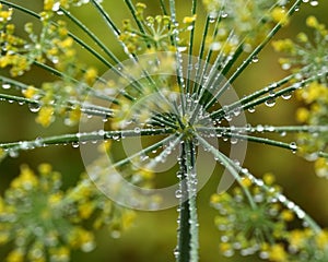 Dill flowers with dew drops