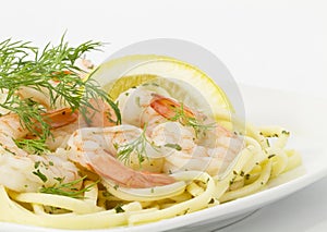 Dill Sprigs Garnish Shrimp Scampi On Pasta