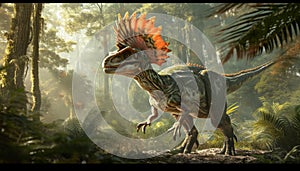 Dilophosaurus in a forested environment, highlighting its unique crests and hunting behavior