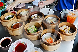 Dim sum in bamboo steamer, chinese cuisine