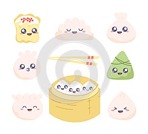 Dim sum - clipart set. Collection of kawaii drawings with cute dumplings. Vector cartoon illustration photo