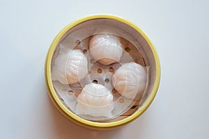 Dim sum shrimp har gow overhead shot