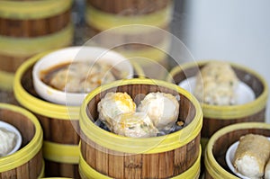 Dim sum steamers in a Chinese restaurant