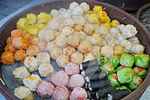 Dim sum steamers at a Chinese restaurant, Hong Kong.