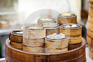 Dim sum steamers at a Chinese restaurant, Hong Kong photo