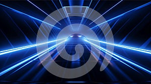 Dim tunnel illuminated by vibrant blue neon lights, AI-generated.