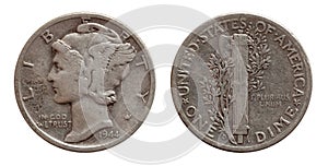 Dime ten cents US coin silver both sides isolated on white