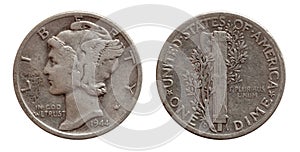 Dime ten cents US coin silver both sides isolated on white photo