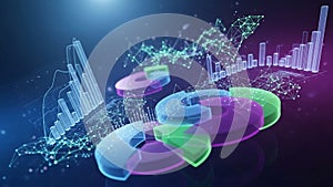 Dimensional digital data visualization features colorful pie charts and