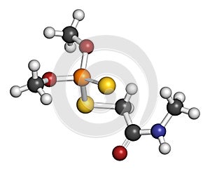 Dimethoate insecticide molecule. 3D rendering. Atoms are represented as spheres with conventional color coding: hydrogen white,.