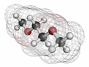 Dimethoxyethane (glyme, monoglyme, dimethyl glycol, DME) molecule. Atoms are represented as spheres with conventional color coding