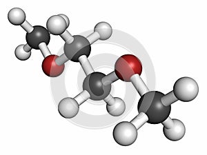 Dimethoxyethane (glyme, monoglyme, dimethyl glycol, DME) molecule. Atoms are represented as spheres with conventional color coding