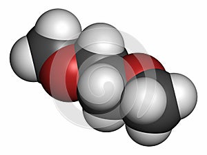 Dimethoxyethane (glyme, monoglyme, dimethyl glycol, DME) molecule. Atoms are represented as spheres with conventional color coding