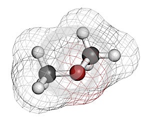 Dimethyl ether methoxymethane, DME molecule. 3D rendering. Atoms are represented as spheres with conventional color coding:.