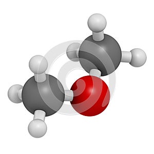 Dimethyl ether methoxymethane, DME molecule. 3D rendering. Atoms are represented as spheres with conventional color coding:.