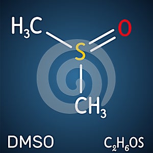 Dimethyl sulfoxide, DMSO, C2H6OS molecule. It is an organosulfur compound, polar aprotic solvent. Structural chemical formula on photo