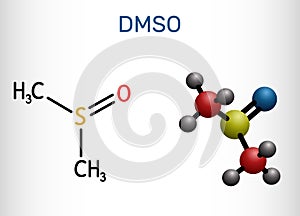 Dimethyl sulfoxide, DMSO, C2H6OS molecule. It is an organosulfur compound, polar aprotic solvent. Structural chemical formula and photo