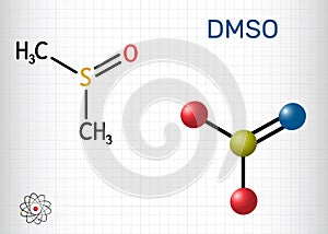 Dimethyl sulfoxide, DMSO, C2H6OS molecule. It is an organosulfur compound, polar aprotic solvent. Structural chemical formula and