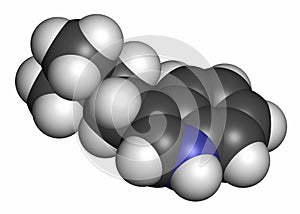 Dimethyltryptamine (DMT) psychedelic drug molecule. Present in the drink ayahuasca. 3D rendering. Atoms are represented as spheres