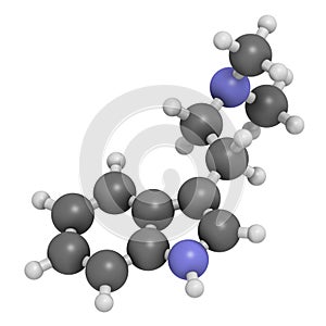 Dimethyltryptamine (DMT) psychedelic drug molecule. Present in the drink ayahuasca. Atoms are represented as spheres with