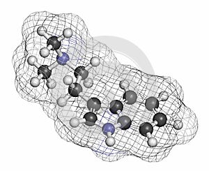 Dimethyltryptamine (DMT) psychedelic drug molecule. Present in the drink ayahuasca. Atoms are represented as spheres with