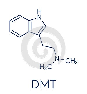 Dimethyltryptamine DMT psychedelic drug molecule. Present in the drink ayahuasca. Skeletal formula.