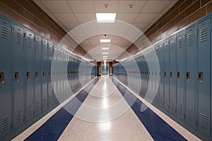 Diminishing perspective of lockers in modern high school corridor