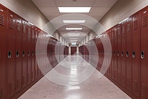 Diminishing perspective of lockers in modern high school corridor